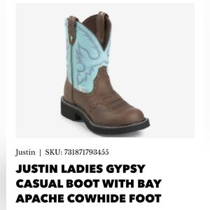 JUSTIN GYPSY CASUAL FOOT WITH BAY APACHE COWHIDE FOOT COWGIRL BOOTS. SIZE 8.5
